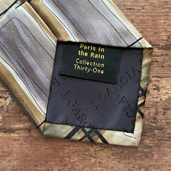 J Jerry Garcia Tie Paris In The Rain Collection 31 Gray Gold Green Silk Necktie - Picture 5 of 7